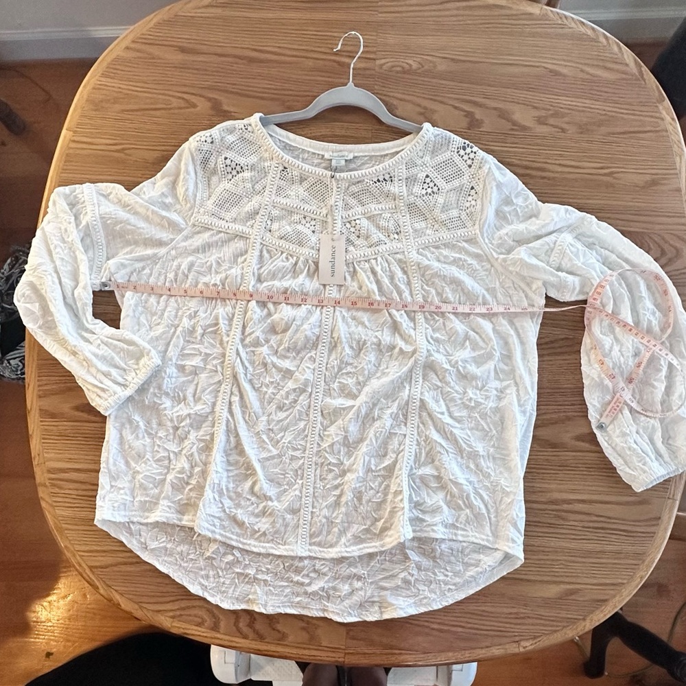 Sundance Cream Textured long sleeve top, pit to pit is 26” wide, embroidery